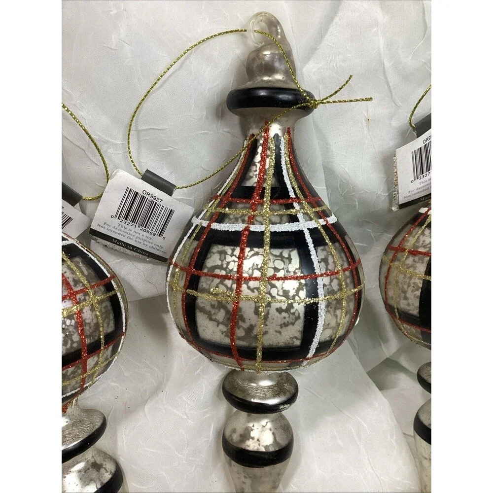 Mercury Glass Finial Christmas Plaid Ornaments X4 Black, Red, Gold & Silver 9